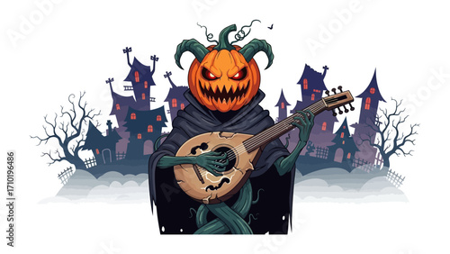 Halloween pumpkin character playing the mandolin: A whimsical Halloween illustration featuring a pumpkin-headed character serenading a haunted town with a vintage mandolin.