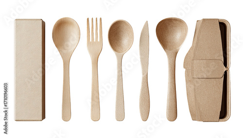 Eco-friendly wooden cutlery set in a brown paper box