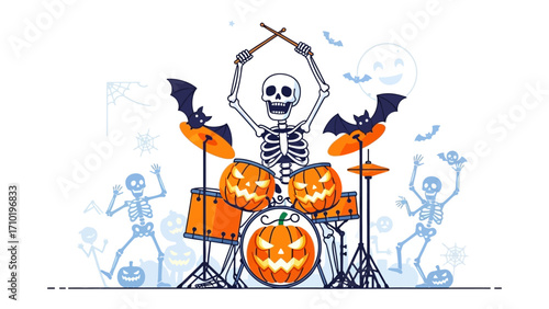 Spooky Rhythm: A skeletal musician rocks out on a pumpkin drum set, with bats and spectral figures adding to the Halloween vibe.