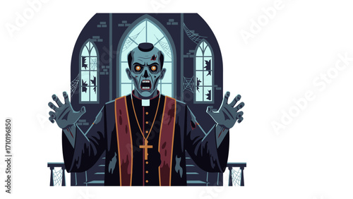 Undead Priest: An eerie digital illustration portrays a sinister undead priest, his decaying features framed against a gothic church window.
