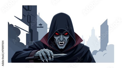Shadowed Vengeance: A menacing figure in a hooded cloak clutches a dagger, his eyes gleaming with a sinister intensity against a muted cityscape, evoking themes of darkness and foreboding.
