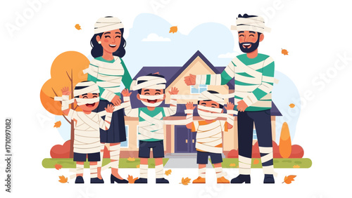 Family Halloween Gathering: A delightful illustration showcases a family dressed up in mummy costumes, embracing the fun and festivity of Halloween, the animated scene with colorful graphic elements.