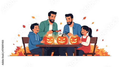 Autumn family pumpkin carving: A family bonds together, carving pumpkins with illuminated faces. capturing the warmth of autumn season. 