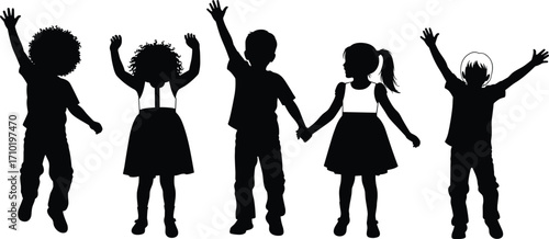 Children silhouette, joyful kids, unity concept, playful pose, happy childhood, friendship theme, celebration moment, diverse hairstyles, togetherness,
