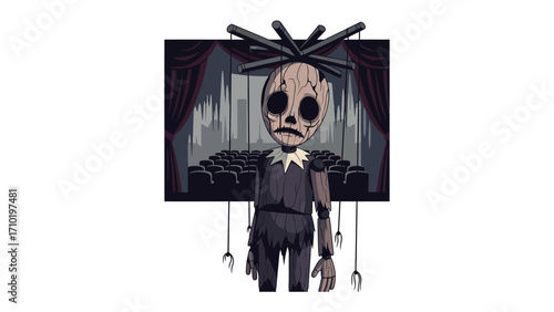 A Solemn Spectacle: A chilling puppet stands centered stage, with melancholic expression and stage backdrop. Capturing the emotional weight of performance, showcasing a unique artistic vision.