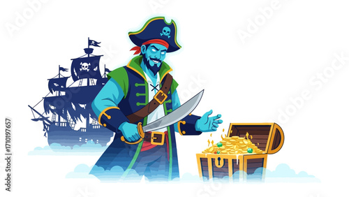Treasure Awaits: A seasoned pirate, complete with hat and sword, gestures towards a chest overflowing with gold coins, the promise of adventure and fortune, and a shadowy galleon silhouette.