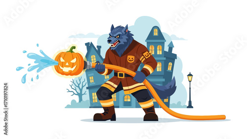 Spooky Fireman's Halloween: A fierce wolfman, dressed as a fireman, wielding a water hose on Halloween, a playful illustration with a unique combination of the spooky and the festive.