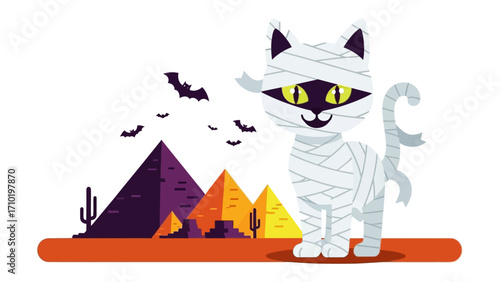 Halloween Mummy Cat in the Egyptian Desert: A charming mummy cat stands proudly against the backdrop of the Egyptian pyramids, with bats adding a touch of Halloween magic