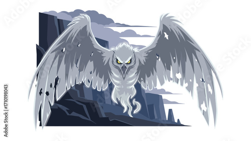 Haunting Illustration of Owl: A spectral, grey owl with piercing eyes and tattered wings soars against a dramatic, rocky backdrop under a dark, foreboding sky, evoking an eerie atmosphere.