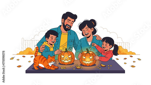 Family Pumpkin Carving: A cheerful family comes together, meticulously crafting jack-o'-lanterns for Halloween, creating joyful memories and embracing the festive spirit.
