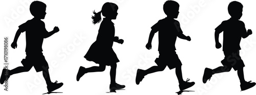 Running children vector illustration, kids active silhouette, athletic playful scene, black isolated figures, group exercise activity, motion dynamic fun, youthful energy