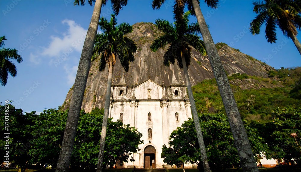 Obraz premium A serene, light-filled view of a historical church nestled beside a massive rock face, shaded by tall palm trees.