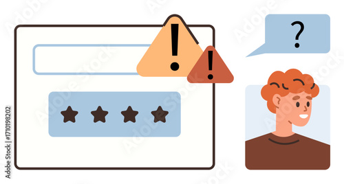 User expressing uncertainty with a speech bubble and question mark near interface with warning alerts and a five-star rating. Ideal for UX, feedback, customer service, education, surveys, interface