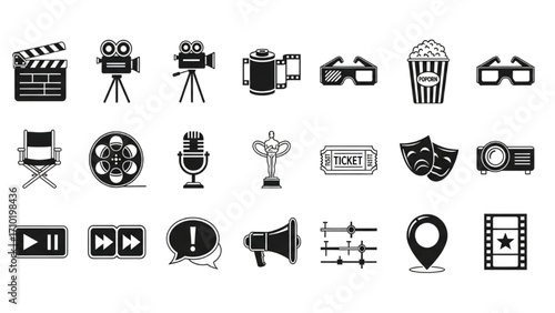 High Quality Black Silhouette Icon Set of Film Industry Editable Vector Icons