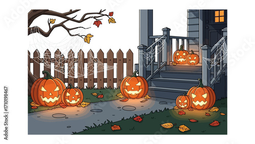 Spooky Halloween Pumpkins: A whimsical illustration of a house decorated for Halloween, with carved pumpkins aglow, creating a festive and slightly eerie atmosphere. 