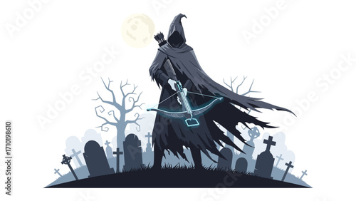 The Grim Specter: A cloaked figure brandishes a crossbow in a desolate graveyard, under the pale gaze of a full moon, painted with dark tones and chilling ambiance.