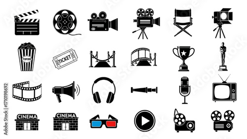 Film Industry Icon Set, High-Quality Black Silhouette Vector Collection of Cinema, Movie, Camera, and Editable Production Symbols