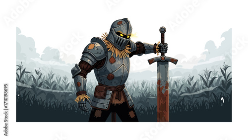 The Armored Knight: An illustration of a formidable knight, clad in shining armor and holding a gleaming sword, stands defiantly against a backdrop of a vast field.