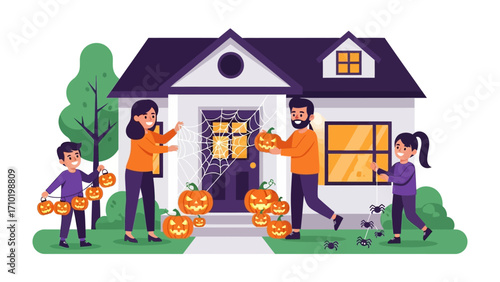 Festive Family Halloween: A joyous family enthusiastically prepares for Halloween, adorning their house with grinning pumpkins, spiderwebs and a cheerful atmosphere.
