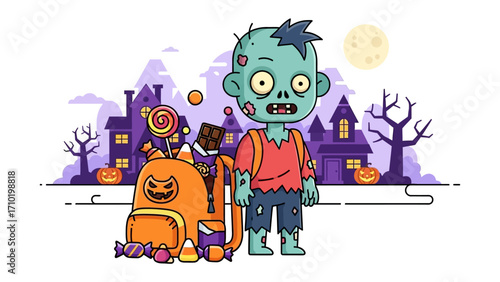 Zombie Trick-or-Treating: A friendly zombie stands poised, ready for a night of collecting delicious sweets, a pumpkin-adorned backpack overflowing with tempting treats, and Halloween night.