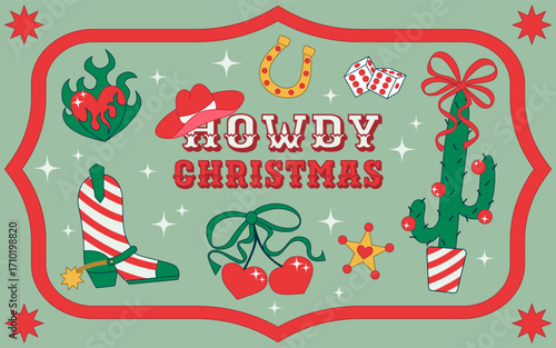 Cowgirl Christmas sticker set. Cowboy western theme, Boot like Christmas Candy canes, Cherries, Cactus like Christmas three in Red and Green Christmas Style. 