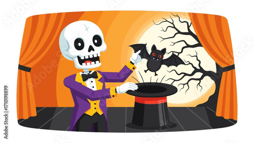 Spooky Illusionist's Halloween: A spectral figure conjures a mysterious magical bat from within a black hat, against a spooky backdrop.&#x20;