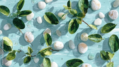 Overhead shot of white stones and green leaves scattered on a textured blue surface, creating a natural and calming pattern