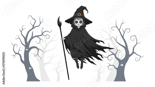 Whimsical Witch's Flight: A bewitching illustration captures a witch floating through a mystical grove, shrouded in a dark cloak and pointy hat, with an air of spellbinding adventure.