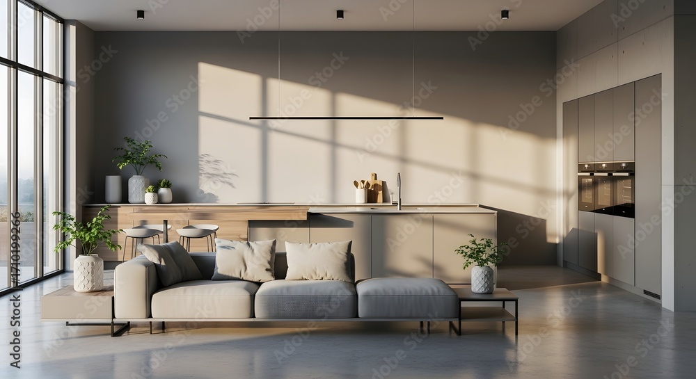 Fototapeta premium Sunlit modern open-plan living room and kitchen with a minimalist interior design and concrete floors.