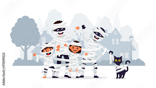 Mummy Halloween Family: A whimsical illustration capturing a cheerful family and a cat in mummy costumes, ready for the spooky season!