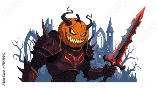 Spooky Pumpkin Knight: A menacing pumpkin-headed knight, with glowing eyes and a wicked grin, brandishes a fiery sword against a backdrop of a haunted castle.
