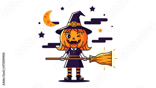 Whimsical Halloween Pumpkin Witch: A cartoon illustration of a playful pumpkin-headed witch, winking and holding a broom, ready for a night of spooky fun.&#x20;