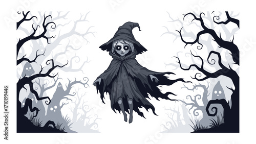 Ghostly Figure in Forest: a haunting illustration of a spectral being, suspended amidst a ghostly forest, with eerie trees and obscured forms adding to the spooky atmosphere.