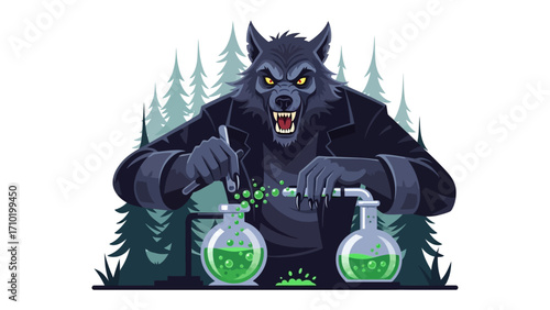 Werewolf Scientist: A mysterious werewolf scientist experiments with bubbling vials and potions in a dark, whimsical illustration, the scene exuding a blend of gothic horror and laboratory intrigue.