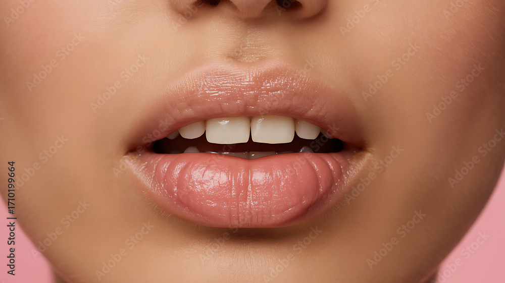 Naklejka premium Close up of natural glossy lips and white teeth with pink background