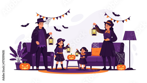 Halloween Family Gathering: A family dressed in festive costumes gathers, lanterns aglow, in a home adorned with spooky decorations and embodying the spirit of the holiday.