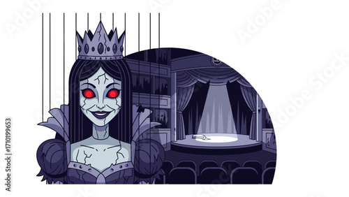 Puppet Queen on Stage: A chilling illustration captures a puppet queen with a cracked face and glowing eyes on stage.