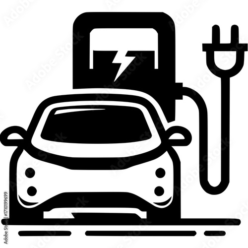Electric Vehicle Charging: A minimalist graphic depicts an electric car at a charging station, symbolizing sustainable transport and environmental consciousness.