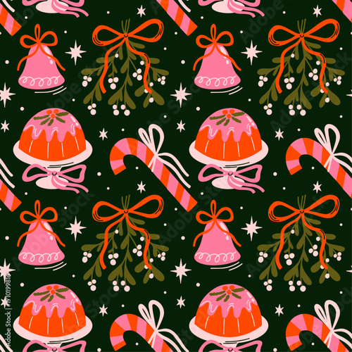 Merry Christmas vector seamless pattern with retro groovy funky cartoon illustration of bauble, ornaments, mistletoe wreath, bow knot with ribbon, candy cane, xmas holiday decor elements for design