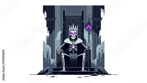 Royal Skeletal Sovereign: A skeletal monarch sits upon a stone throne, donned in a crown and cape, with scepter in hand, exuding a sense of dark majesty.
