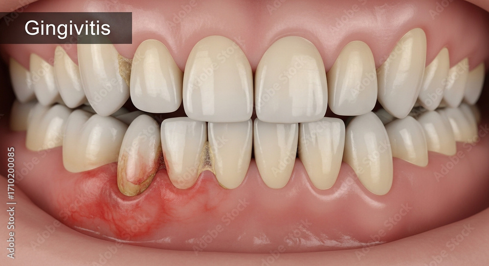 Fototapeta premium Closeup of human teeth showing gingivitis and inflamed gums