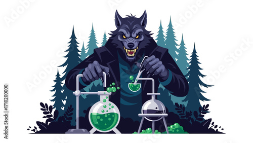 The Werewolf Chemist: A ferocious werewolf, clad in a lab coat, meticulously conducts a scientific experiment in a mystical forest, creating a blend of science and fantasy.