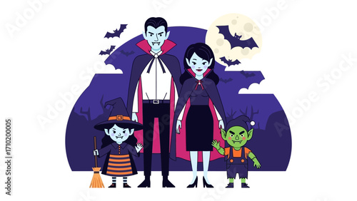 Halloween Vampire Family Portrait: A charming, graphic illustration captures the spooky allure of a vampire family.