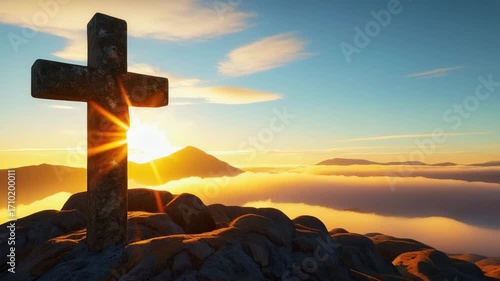 Golden rays shining behind a Christian cross 