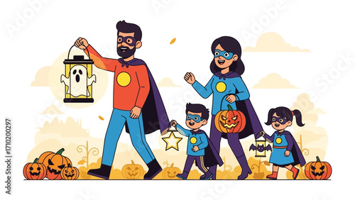 Halloween Superhero Family Parade: A spirited family, costumed as superheroes, joyfully parades through a Halloween landscape, carrying themed lanterns and pumpkins, embodying festive spirit.