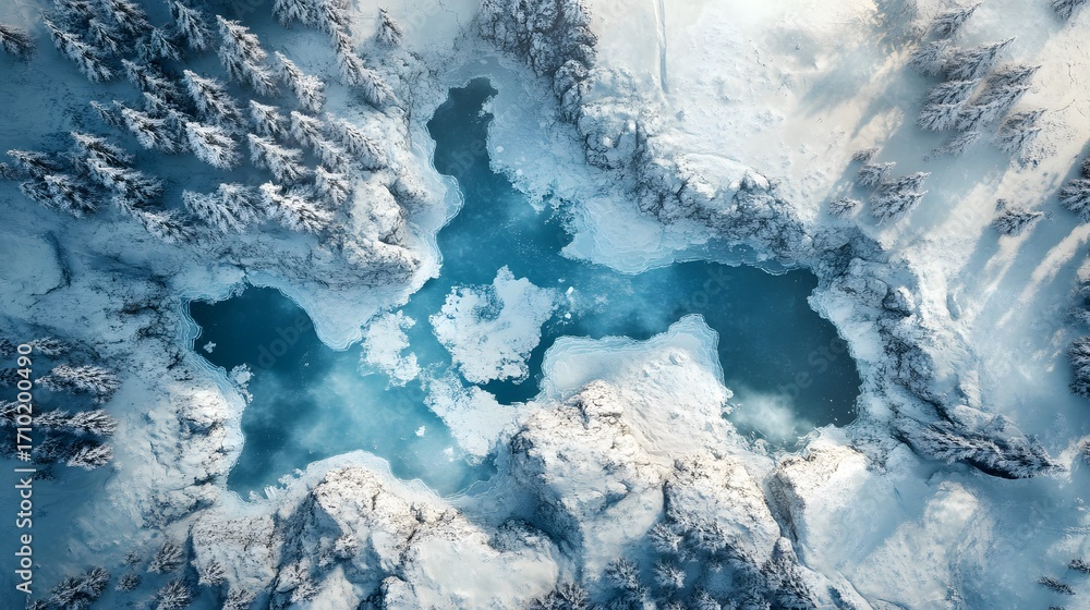 Obraz premium Aerial view of a frozen lake surrounded by snow-covered trees in a winter landscape