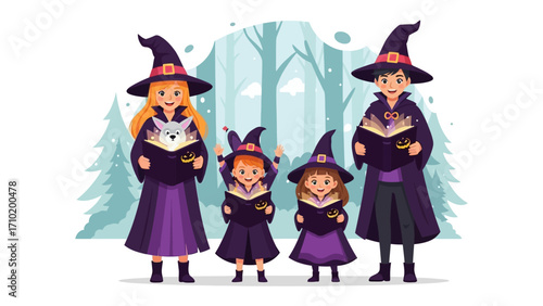 Spooky Spellcasters: A family of witches, in their classic attire, revels in the spirit of Halloween, each engrossed in their mystical spellbooks, ready to cast enchantment.
