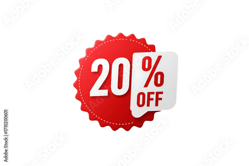 Classic red circular badge with 20% OFF label, isolated on white background for shopping discounts, clearance sales, and retail promotions