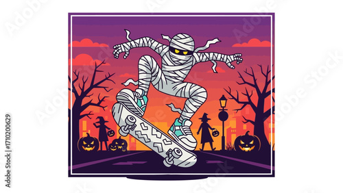 Halloween Mummy Skater: A mummy rolls through a haunting, autumnal scene, striking a pose on a skateboard. A witch silhouette adds mystery, pumpkin and light post. A spooky fusion of sport and fright.