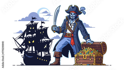 Pirate's Treasure: Illustration of a fierce pirate standing guard with a menacing expression next to a treasure chest and a ghostly ship under the moonlit sky.